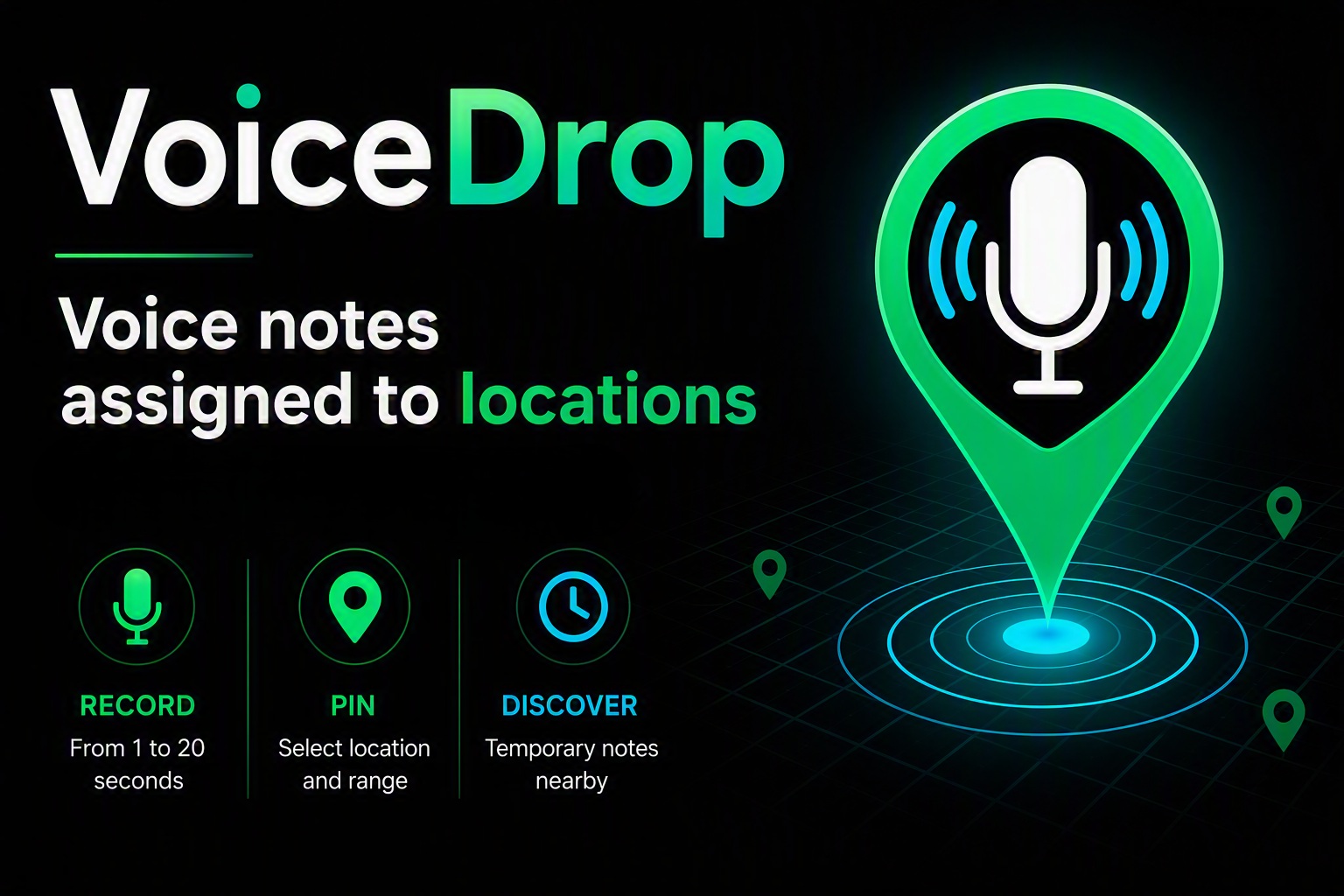 VoiceDrop. Voice notes assigned to locations: record, pin and discover.